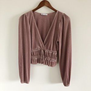 ZARA Pleated Crop Blouse Top Puff Sleeve S